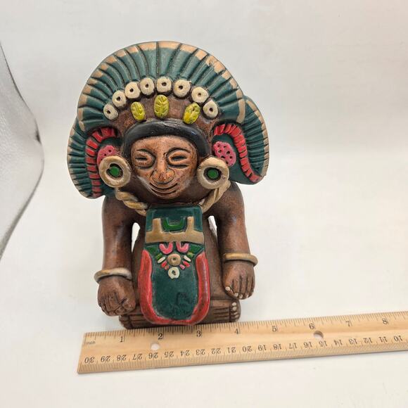 Vintage Mexican Hand Painted Clay Aztec Style Figure Statue 6.5" Folk Art - Picture 16 of 16